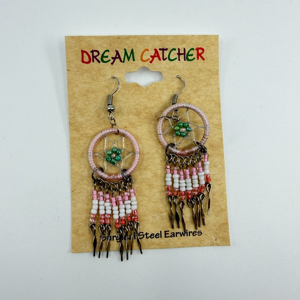 Dream Catcher Earrings Boho Pink White Seed Bead Dangle Jewelry